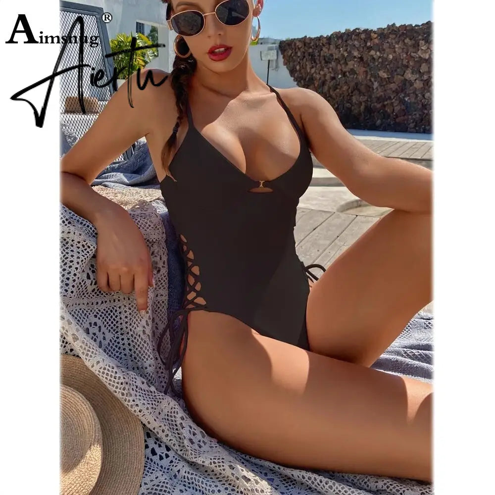 Aiertu Solid Women Push Up Swimwear One Piece Swimsuit Female Sexy Bandage Onesie Beachwear American Style Lace-up Bathing Suits Aiertu