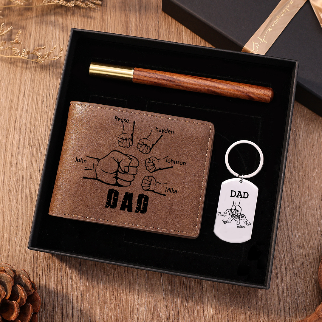 Personalised 9 Names Fist Bump Gift Set Custom Wallet & Keychain & Pen Gift Box Set Father’s Day Gift