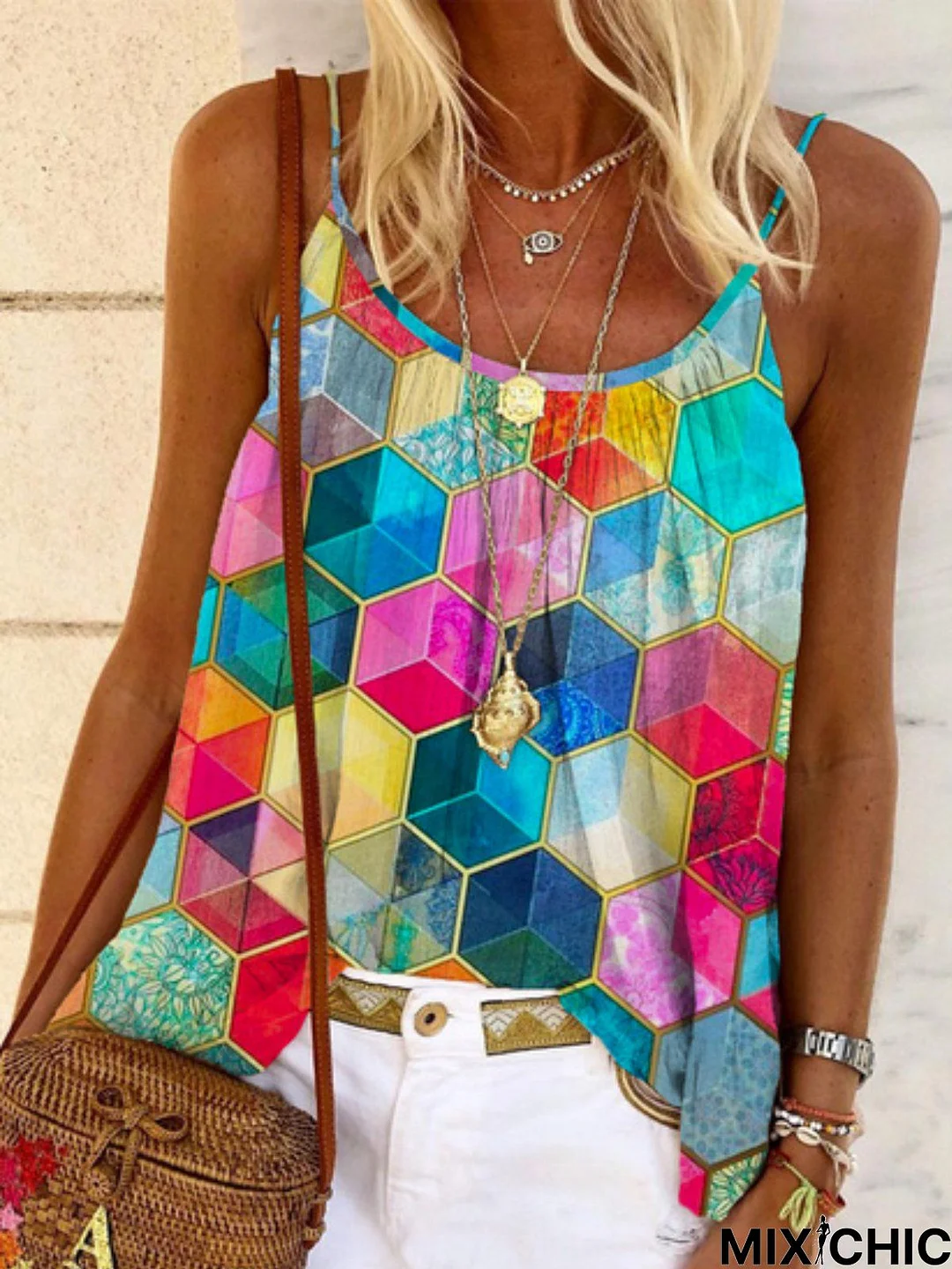 Casual Sleeveless Round Neck Printed Top Vests