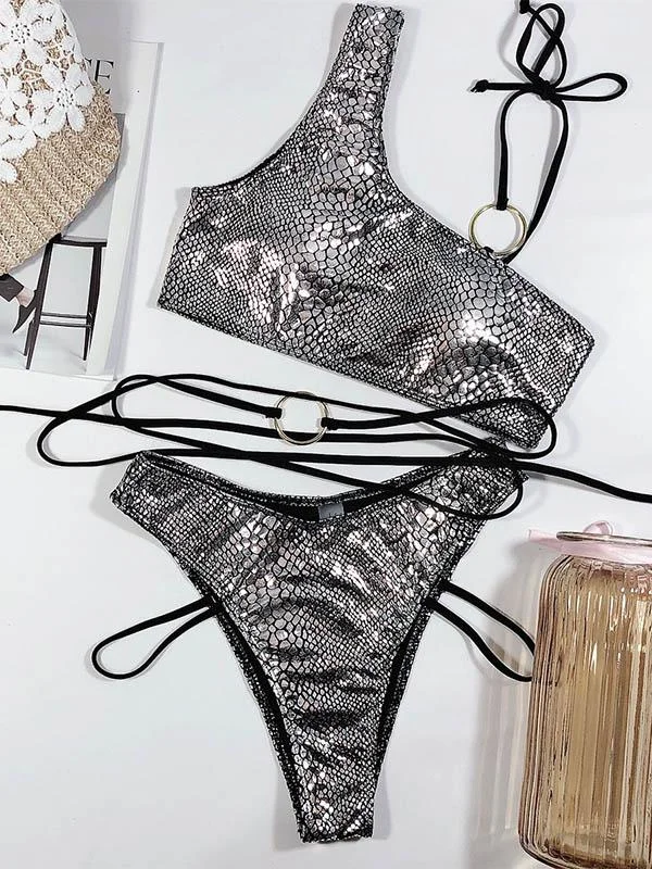 Shiny One-Shoulder Snake-Print Split Bikini Swimsuit