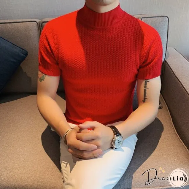 Autumn New Short Sleeve Knitted Sweater Mens Clothing All Match Slim Fit Stretched