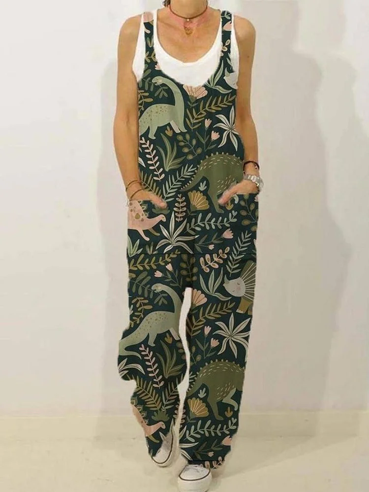 Dinosaur Floral Print Sleeveless Jumpsuit shopify Stunahome.com