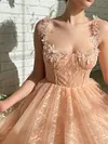 Light Peach Pink Lace Tea Length Dress Bodice Sweetheart Prom Robe Ball Gown Floral Applique Bridesmaids Dresses A Line Formal Evening Tulle