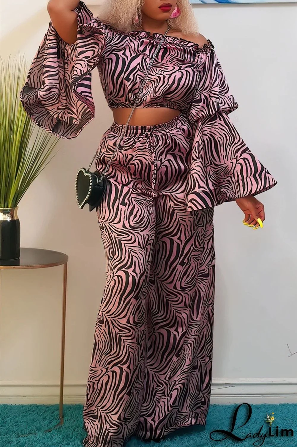 Pink Purple Fashion Casual Print Split Joint Off the Shoulder Long Sleeve Two Pieces