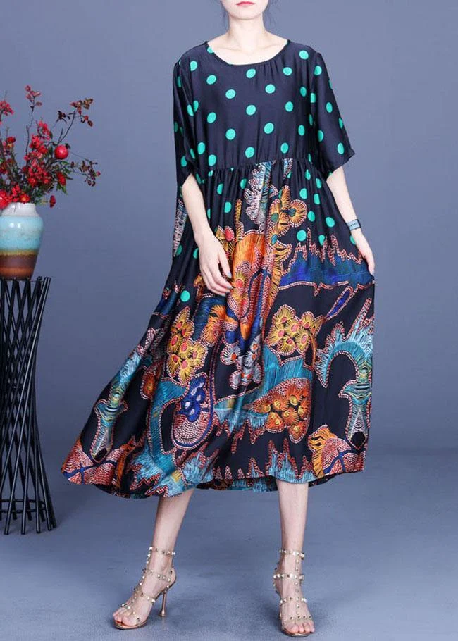 Boho Black Print O-Neck Half Sleeve Silk Vacation Dresses Summer