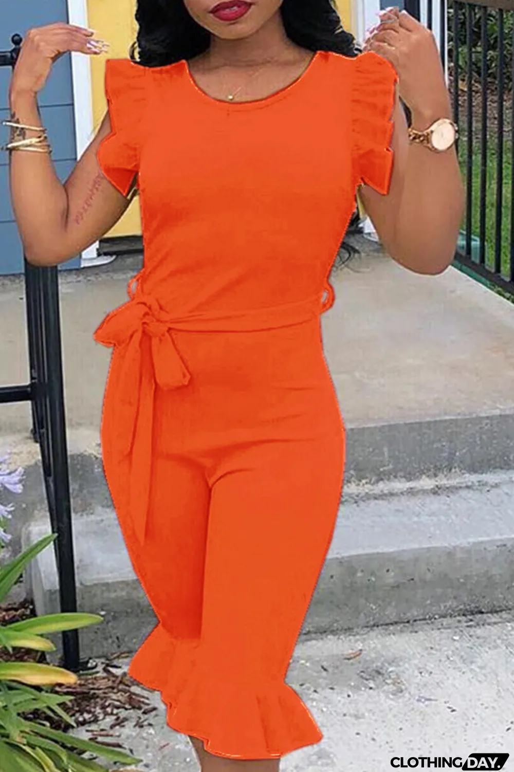 Red Casual Solid Flounce O Neck Regular Jumpsuits