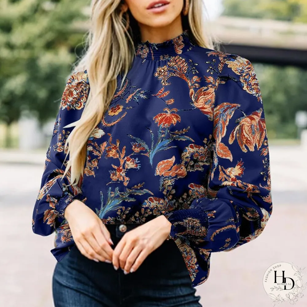 Women Spring Casual Puff Sleeve Floral Printed Top Holiday Smocking Retro Shirt Blouse