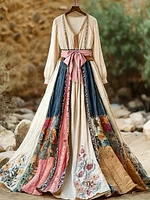 Women's Retro Bohemian Floral Casual V-neck Long-sleeved Dress (belt Not Included)