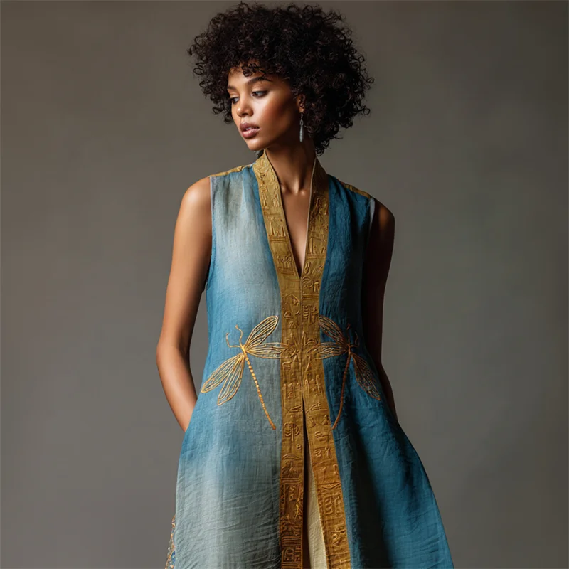 Dragonflies Ancient Egyptian Golden Embroidered Gradient Linen Dress