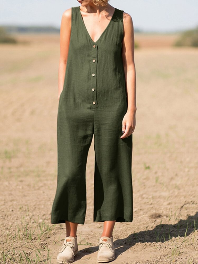 Solid Button V Neck Sleeveless Casual Cotton Jumpsuit
