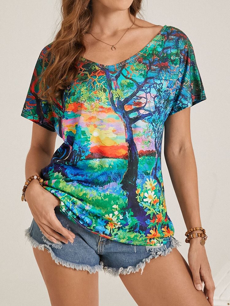 Landscape Prints Short Sleeve V neck Women Casual T Shirt P1848271