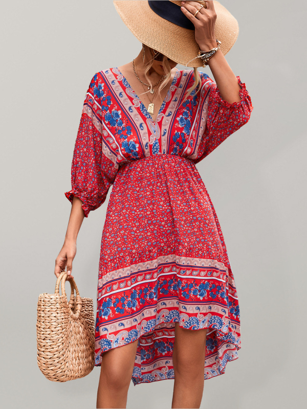 Mature Women Casual Summer Woven V-Neck Open Back Bohemian Vacation Dress