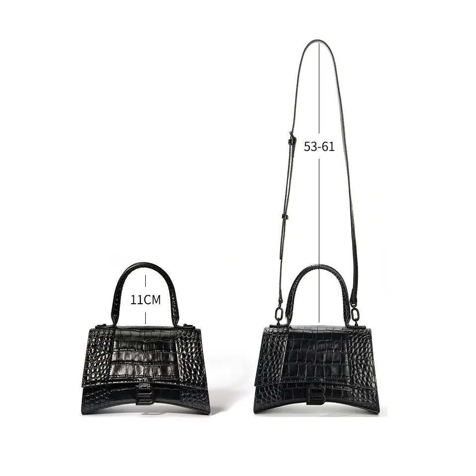 Women's Hourglass Small Handbag Crocodile Embossed in Black-vocosishoes
