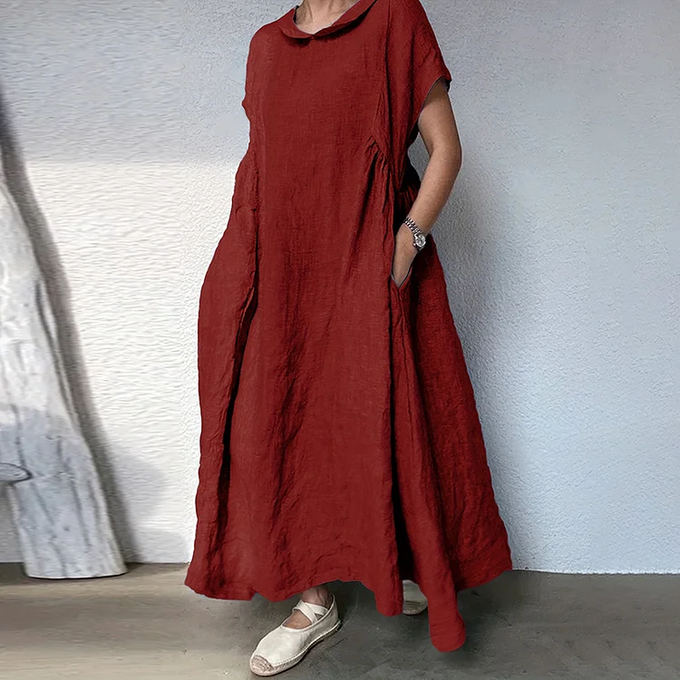 VChics Women's Solid Loose Cotton Linen Print Maxi Dress
