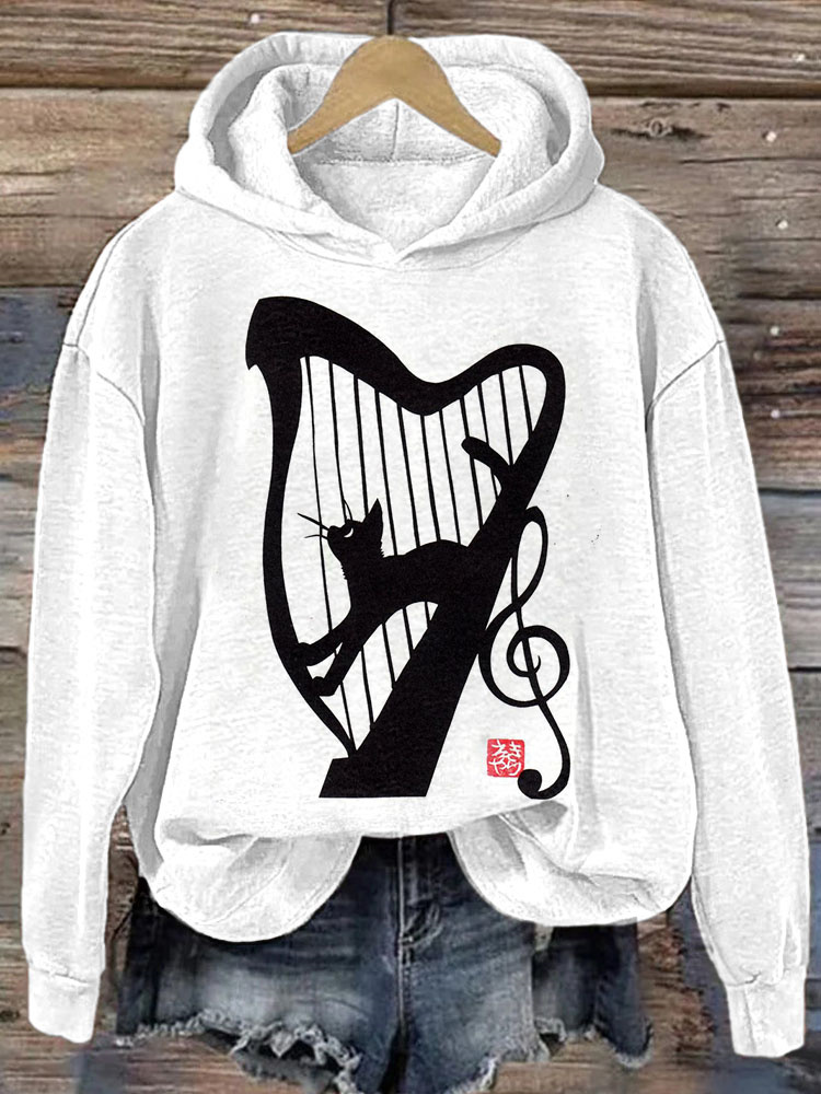 Cat & Harp Print Casual Cozy Hoodie wearshes