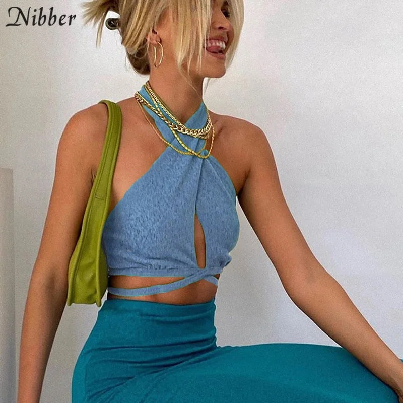 Nibber Elegant Halter Skinny Knitt Crop Tops Chic Backless Lace Up Street Camisole Women Sexy Hollow Out Club Sleeveless Tshirt