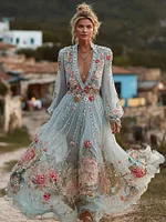 Women's Vintage Bohemian Floral Embroidered Casual Long Sleeve Dress