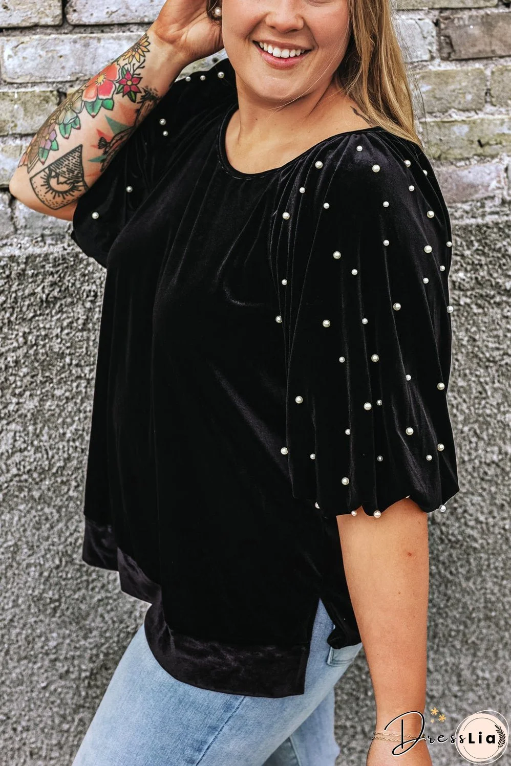 Black Pearl Embellished Puff Sleeve Velvet Plus Size Top