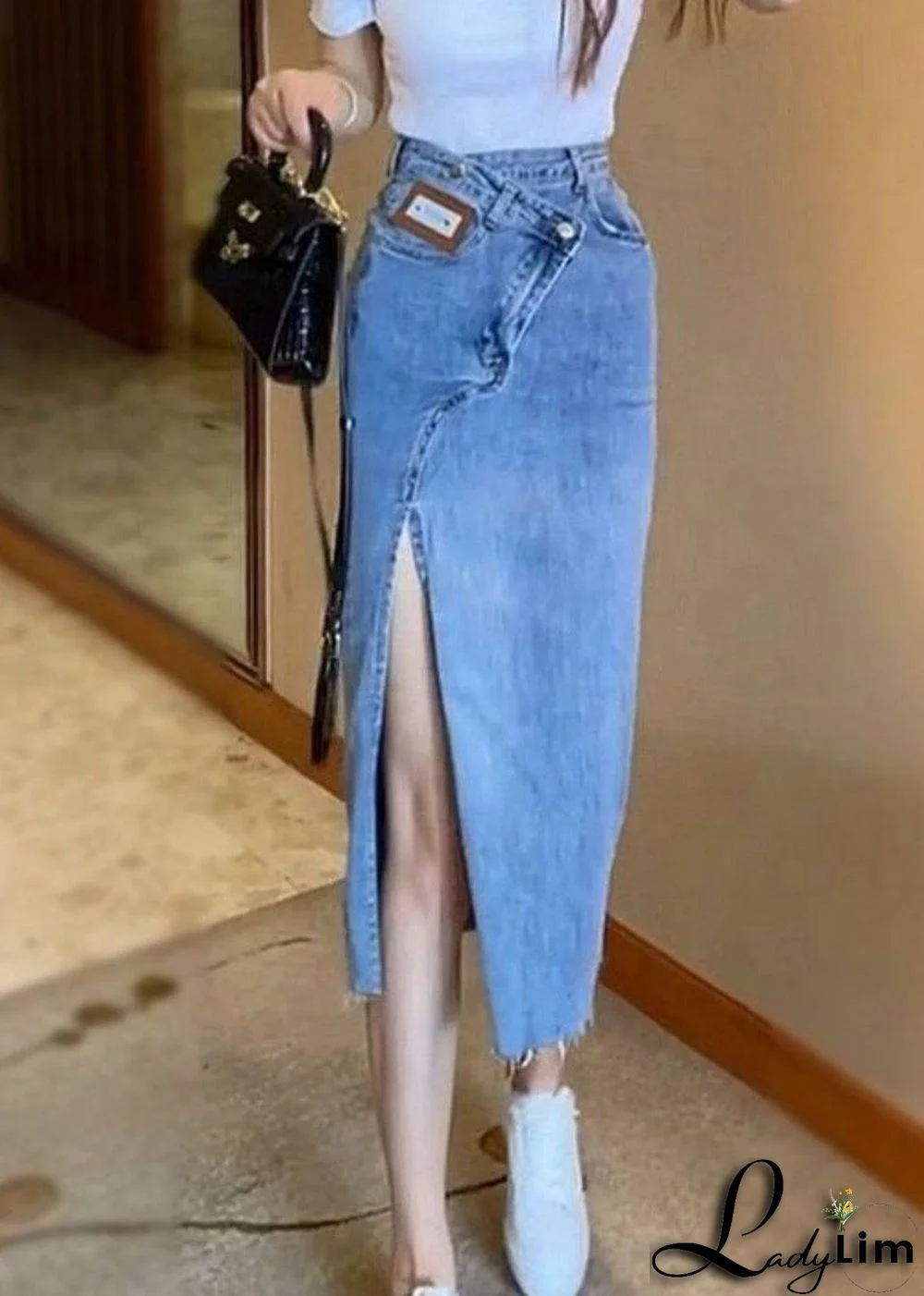 Natural Blue Sashes Patchwork High Waist Denim Maxi Skirts