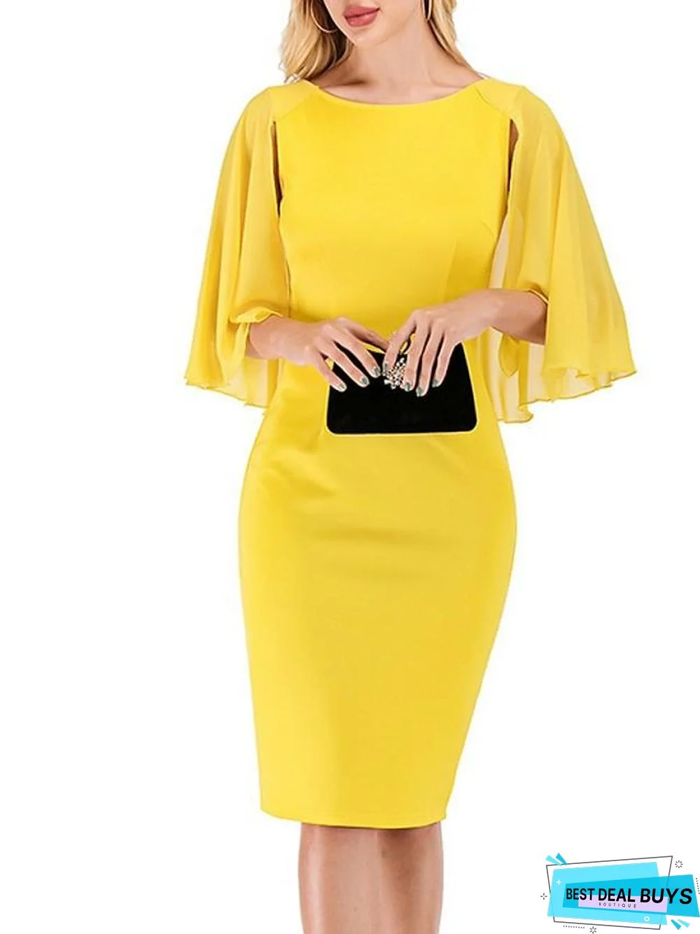 Women's Sheath Dress Knee Length Dress Yellow Half Sleeve Solid Color Print Summer Round Neck Hot Sexy