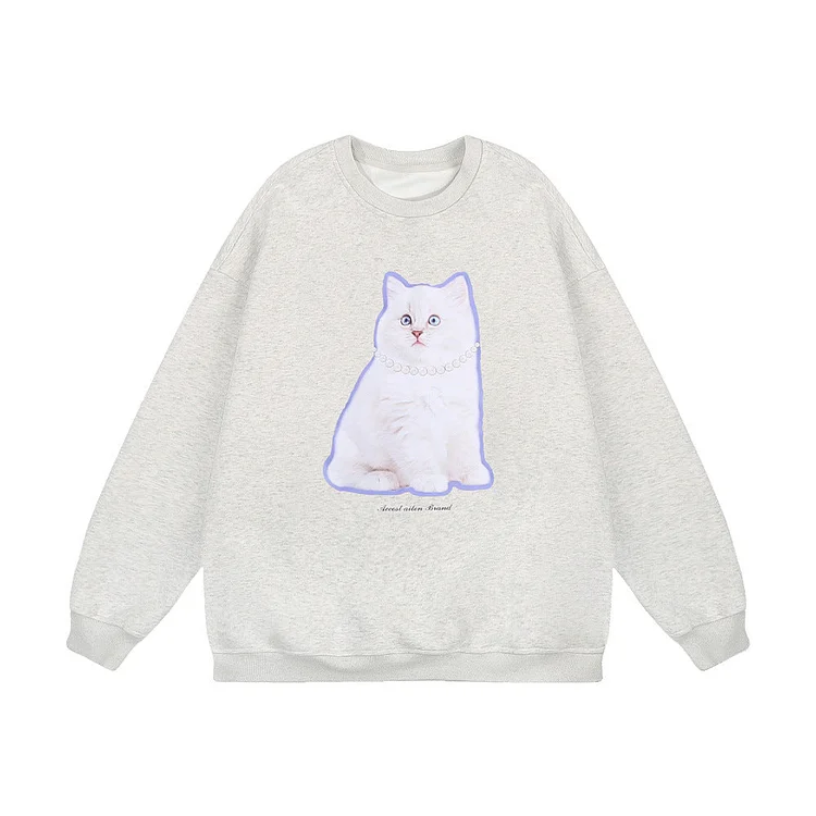 Men Hoodie Kitten Print Sweatshirt Autumn and Winter Loose Sweatshirt