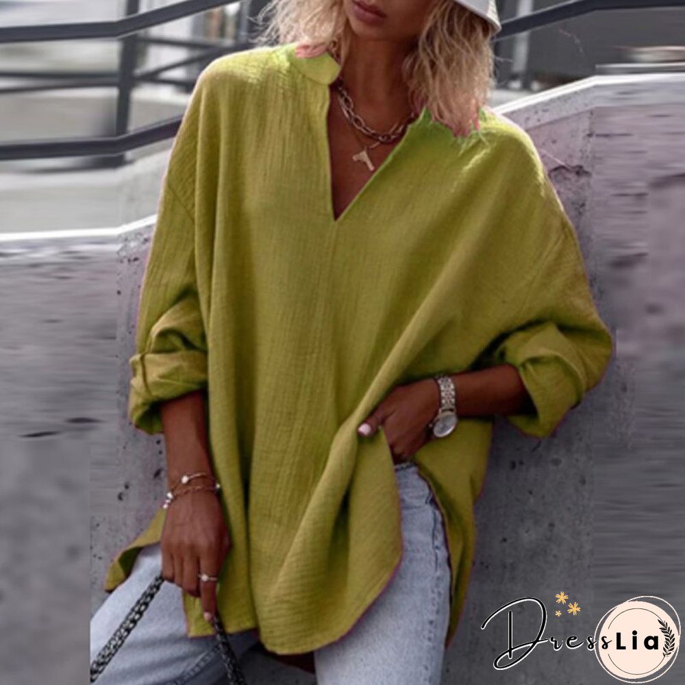 Women Autumn Casual Long Sleeve V-Neck Blouse Solid Color Loose Pullover Top Ladies Commuter Fashion Simple All-match Shirt