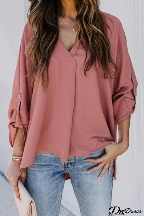 Solid V Neck Bat Blouse