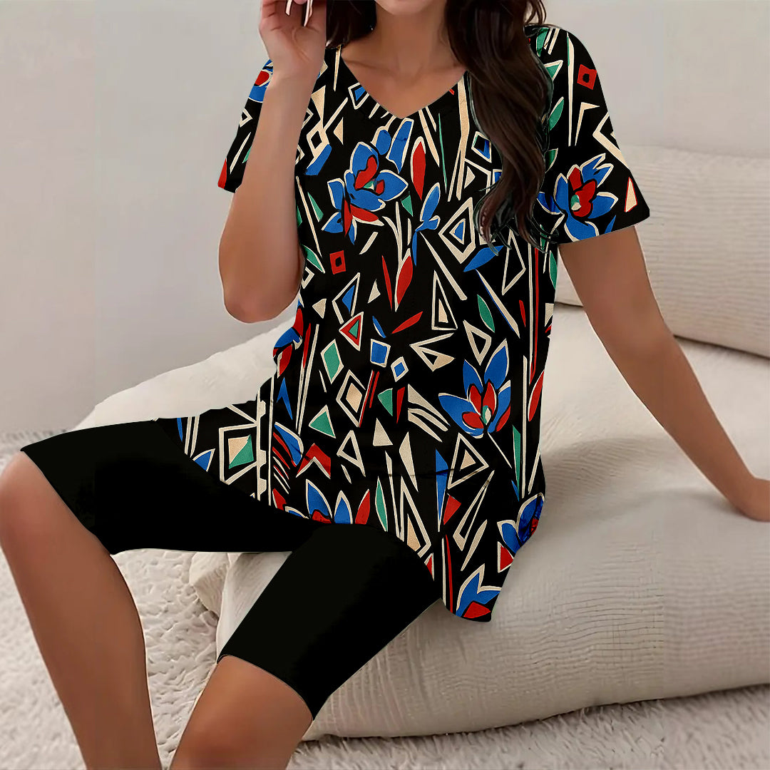 Women Long Sleeve V-neck Graphic Floral Printed Top