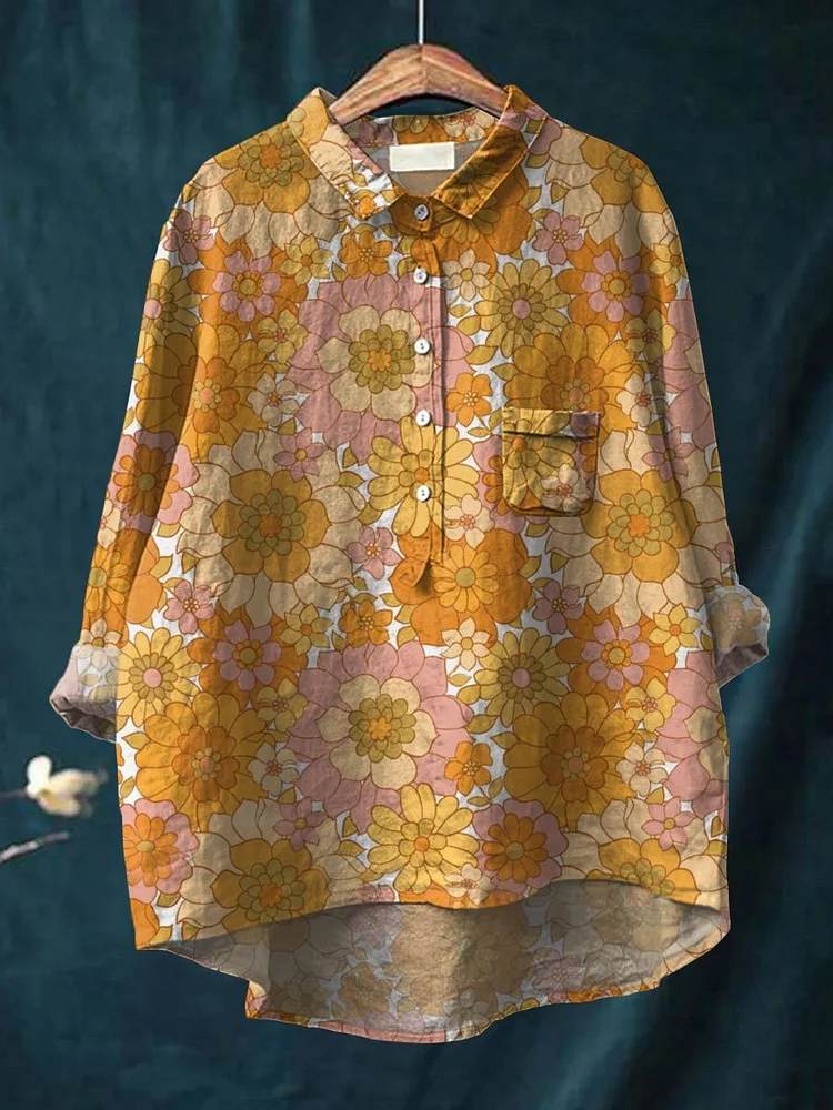 Women's Retro Floral Art Print Casual Cotton And Linen Shirt