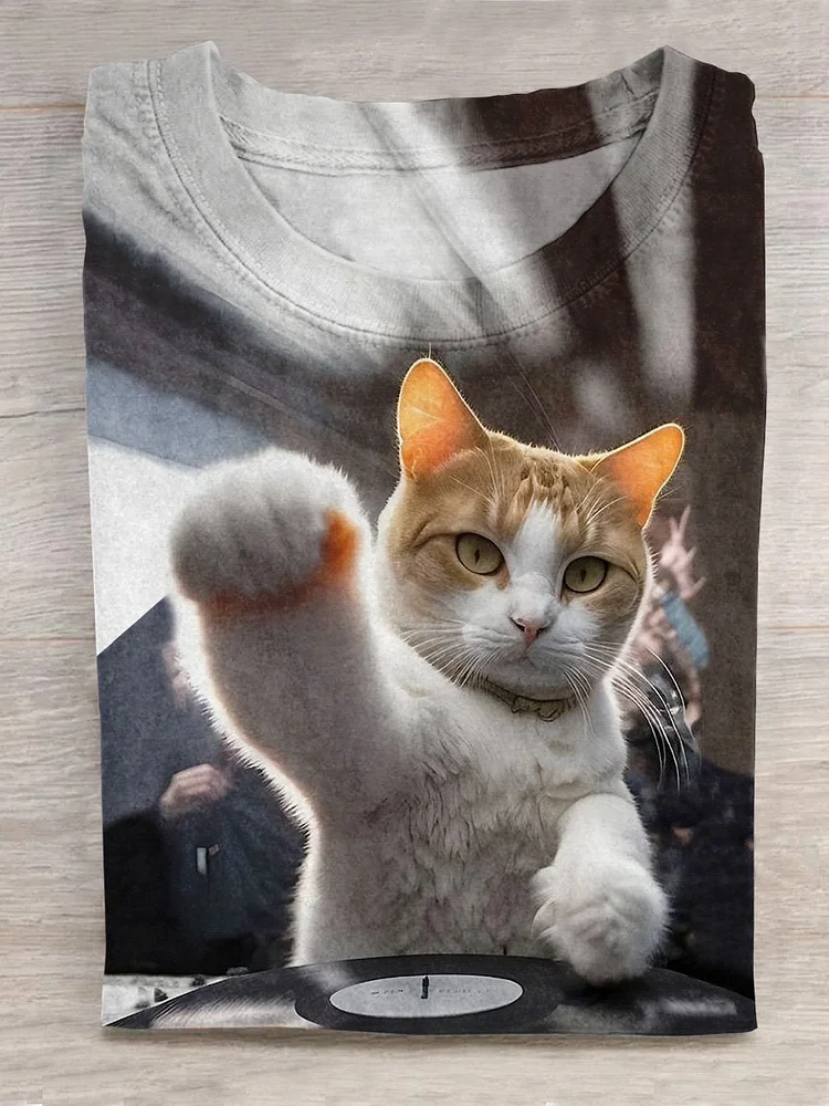 DJ Meow Drop The Beat Funny Cat Art Printed T-shirt