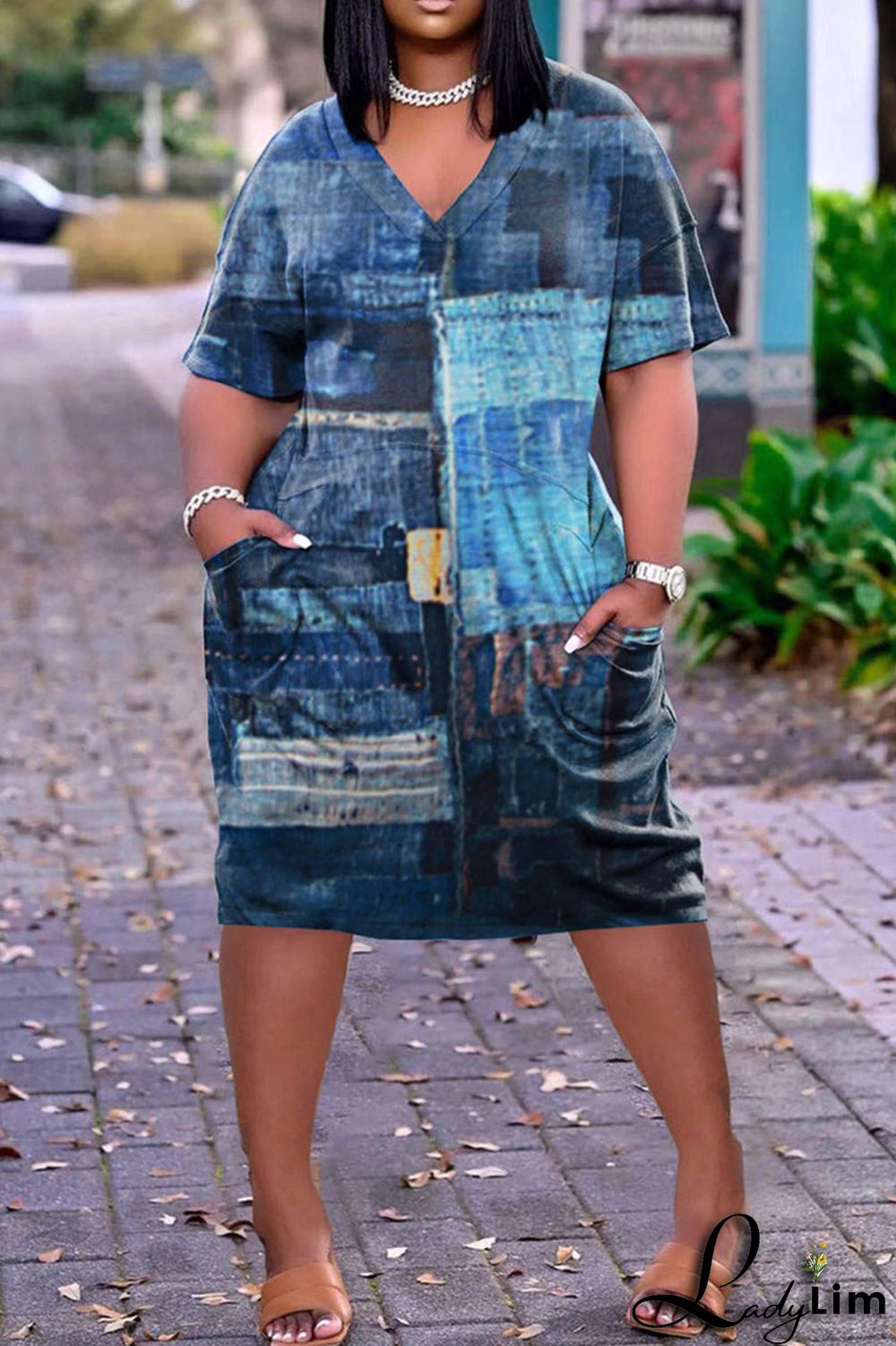 White Pink Fashion Casual Plus Size Print Split Joint V Neck Short Sleeve Dress