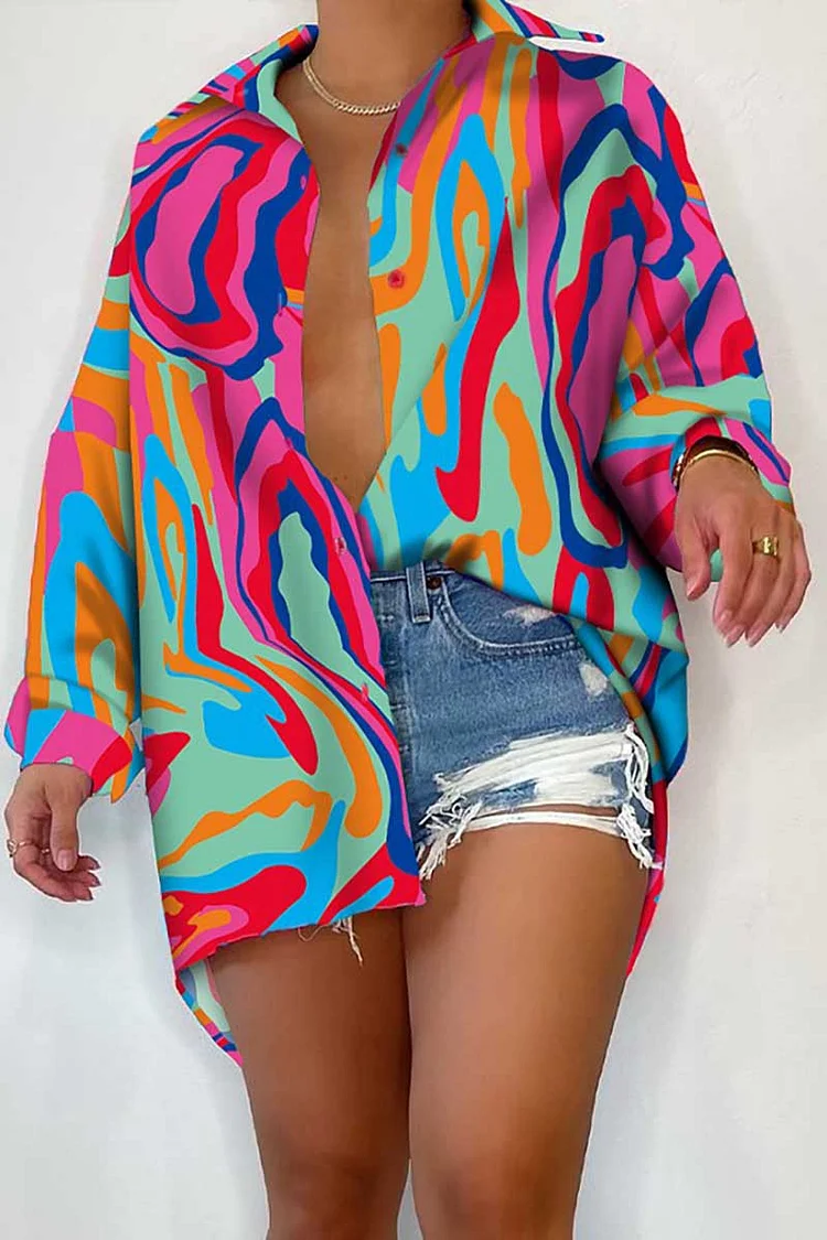 Plus Size Rose Red Tie Dye Print Colorblock Button Shirts 