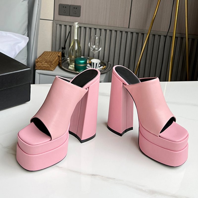 Yyvonne Women Slippers Double Platform Genuine Leather Fashion Open Toe Square Toe Plus Size 43 Chunky High Heels Shoes