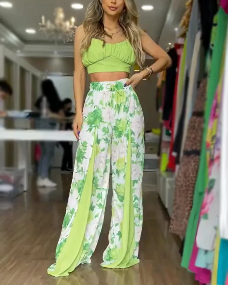 Two-piece set of cropped suspender top & printed wide-leg pants