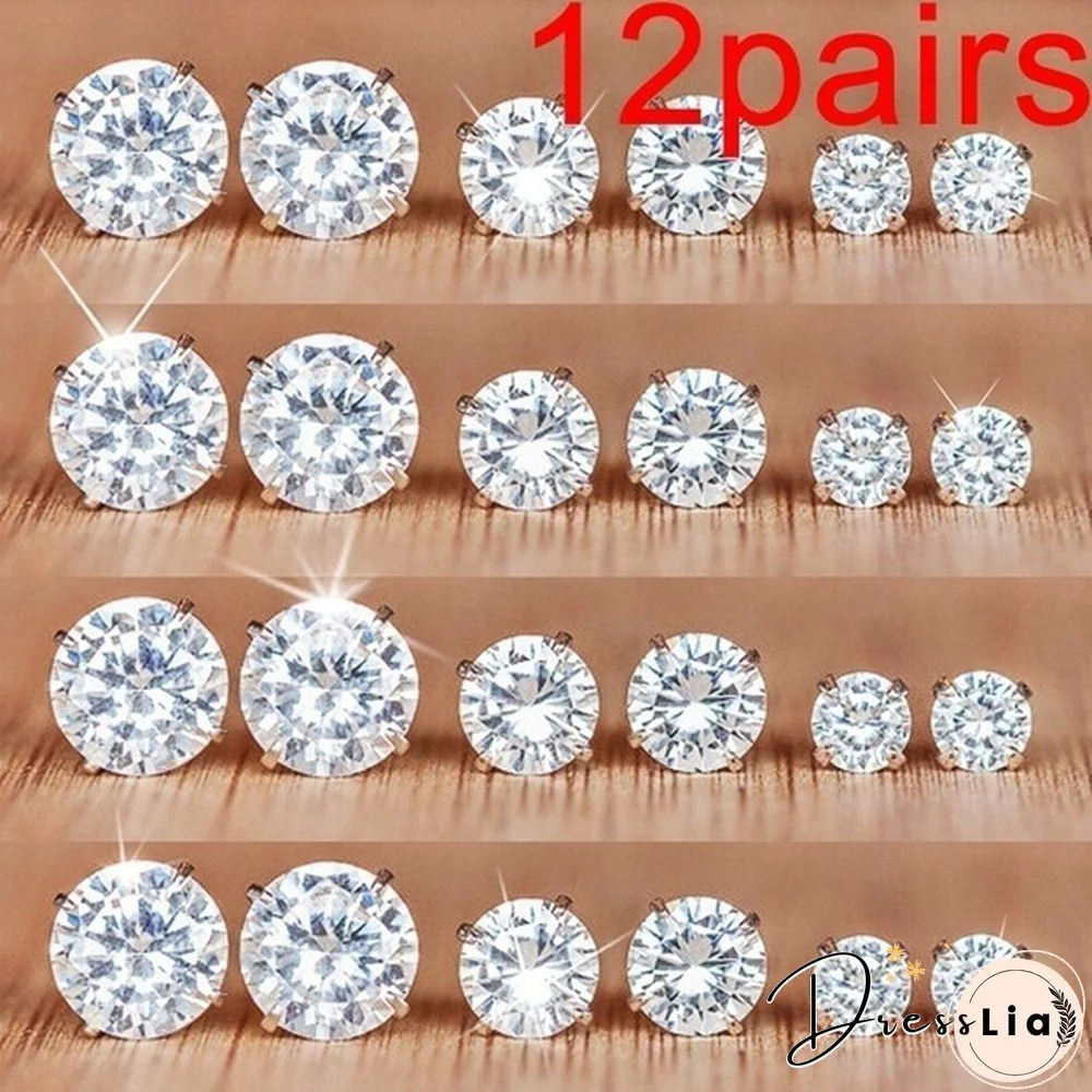 12pcs/Set Exquisite Crystal Elegant Wedding Stud Earrings Set Charm Simple Women Alloy Silver Zircon Earring Sets Jewelry Accessories Gifts