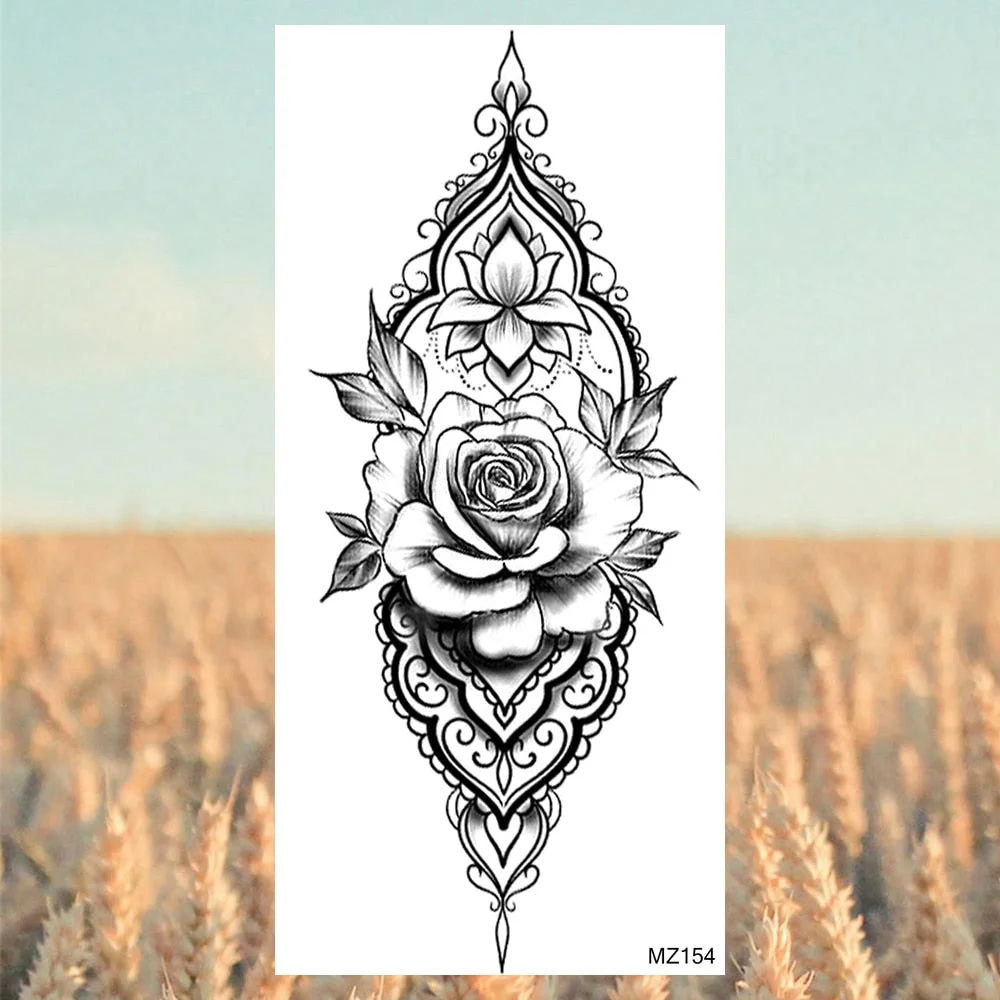 Black Lotus Pendant Temporary Tattoos For Women Adult Rose Flower Jewelry Fake Tattoo Fashion Calf Waterproof Half Sleeve Tatoos