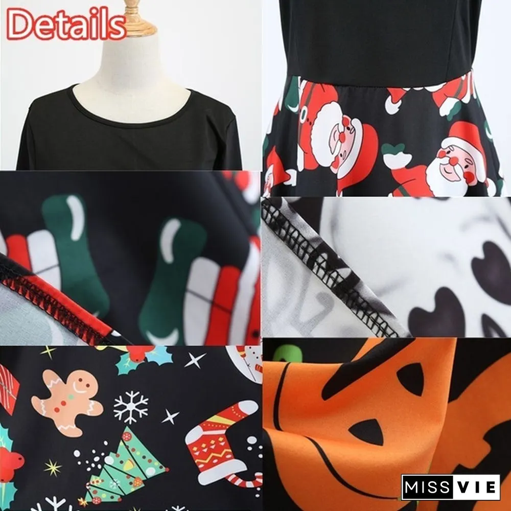 Fashion Women Christmas Swing Party Dress Printing Long sleeve Festival prom belt evening