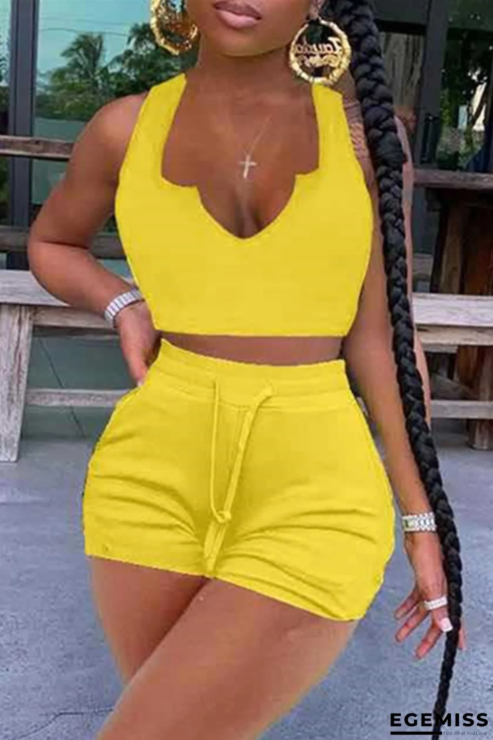Yellow Fashion Casual Solid Vests V Neck Sleeveless Two Pieces | EGEMISS