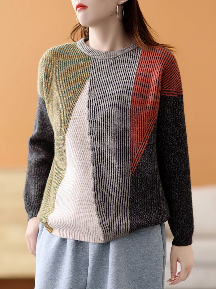 Women Winter Casual Geometric Colorblock Sweater