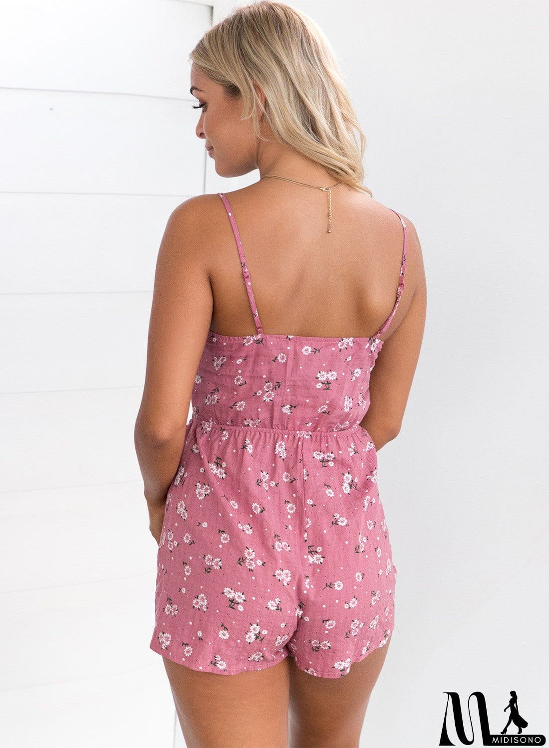 MidiSono - Spaghetti Strap Sleeveless Backless Floral Printed Tie front Romper