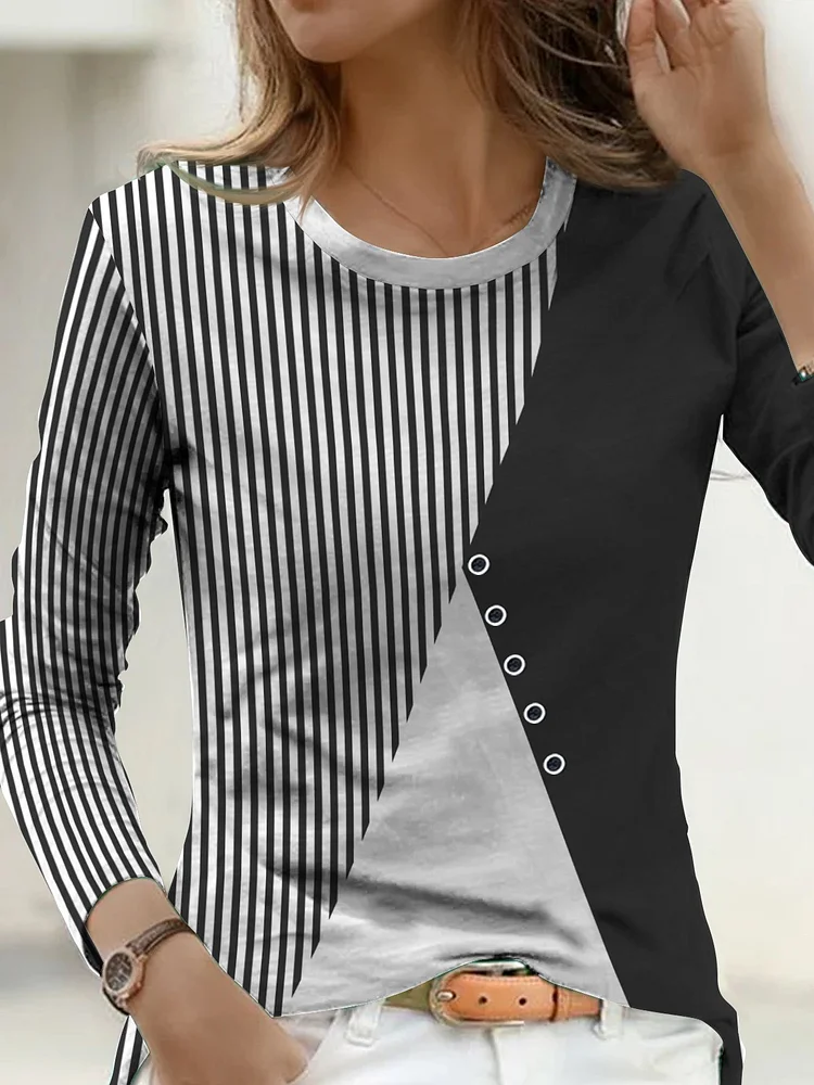 Color Block Stripe Button Fit T-Shirt Plus Size