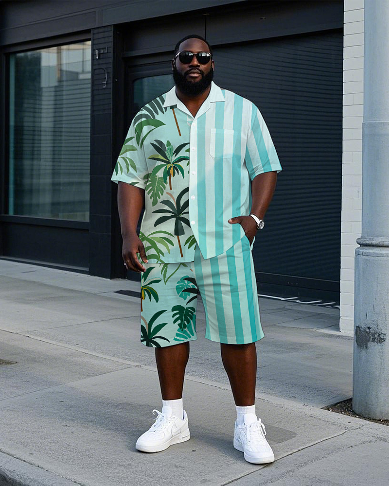 Big Men's Coconut Trees and Stripes Splicing Style Hawaiian Cuban Collar Short Sleeve Shirt Shorts Set
