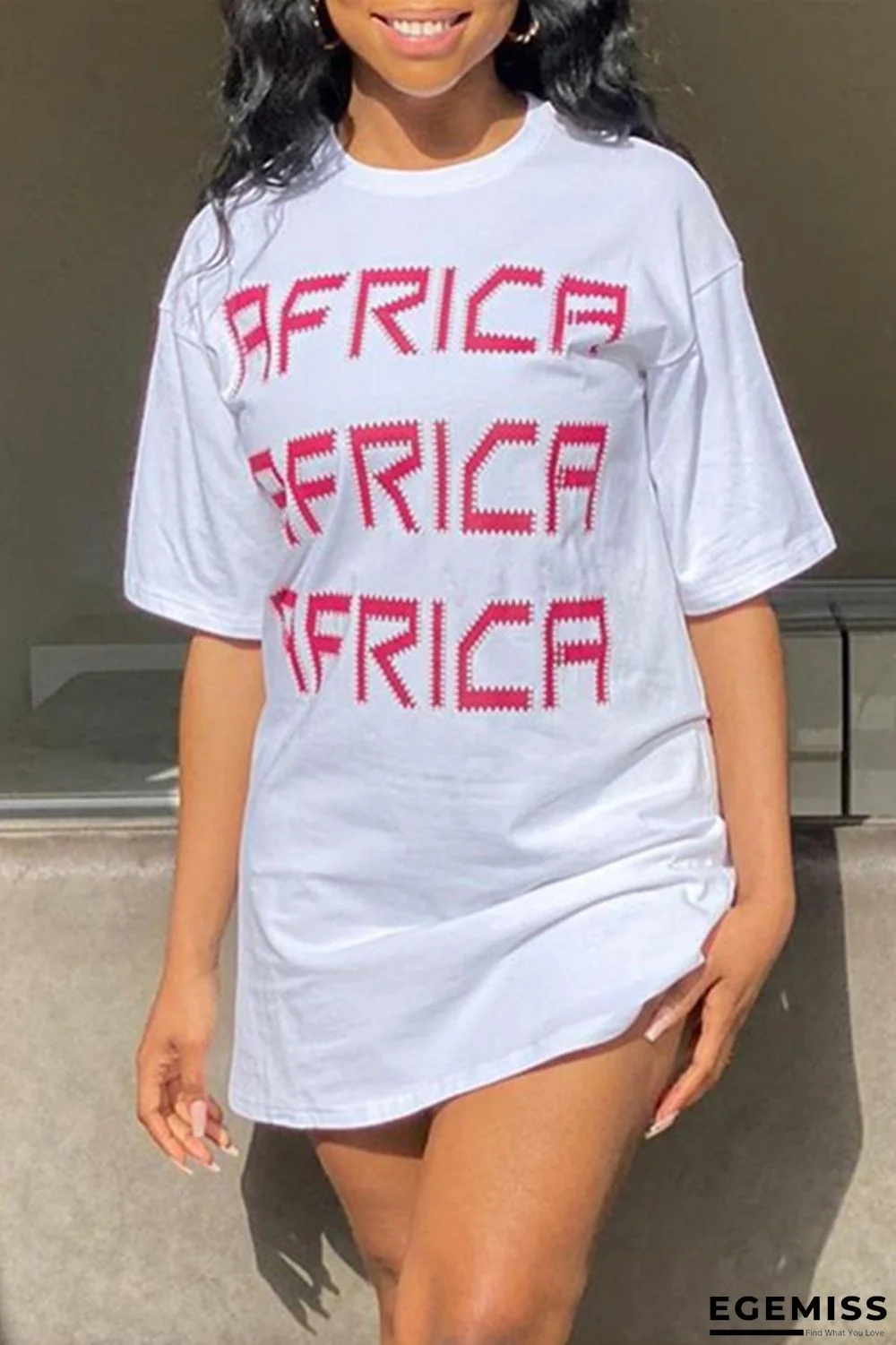 White Fashion Casual Letter Print Basic O Neck T-shirt Dress | EGEMISS