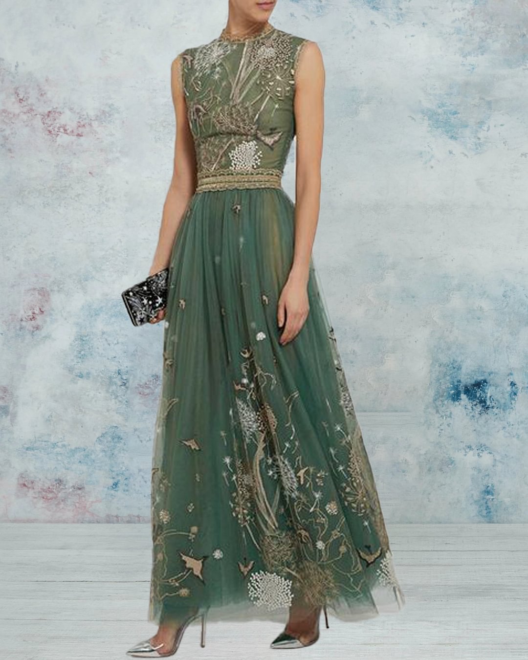Nature Embroidered Mesh Dress Gown