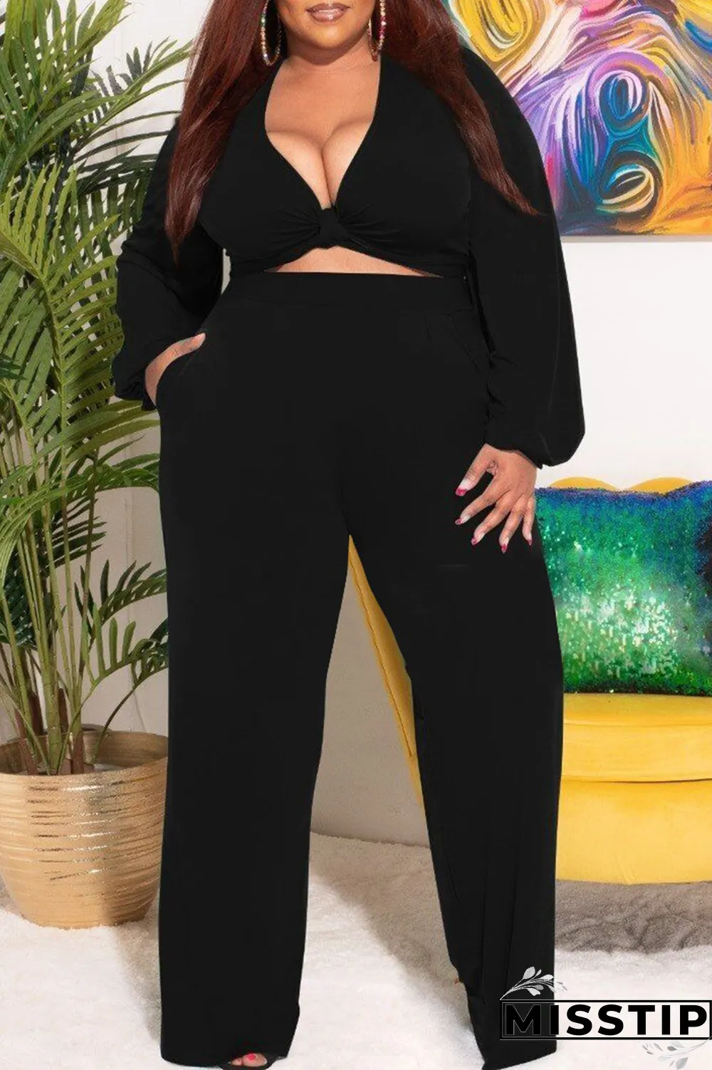 Purple Casual Solid Patchwork V Neck Plus Size Two Pieces