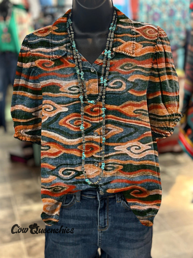 Women&rsquo;s Vintage Cloud Print Casual Cotton Shirt Multicolor / S