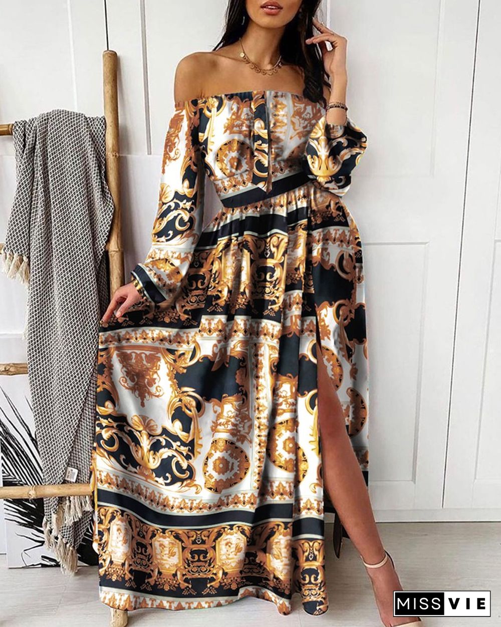 V-neck Pullover Vintage Large Swing Split Print Dress