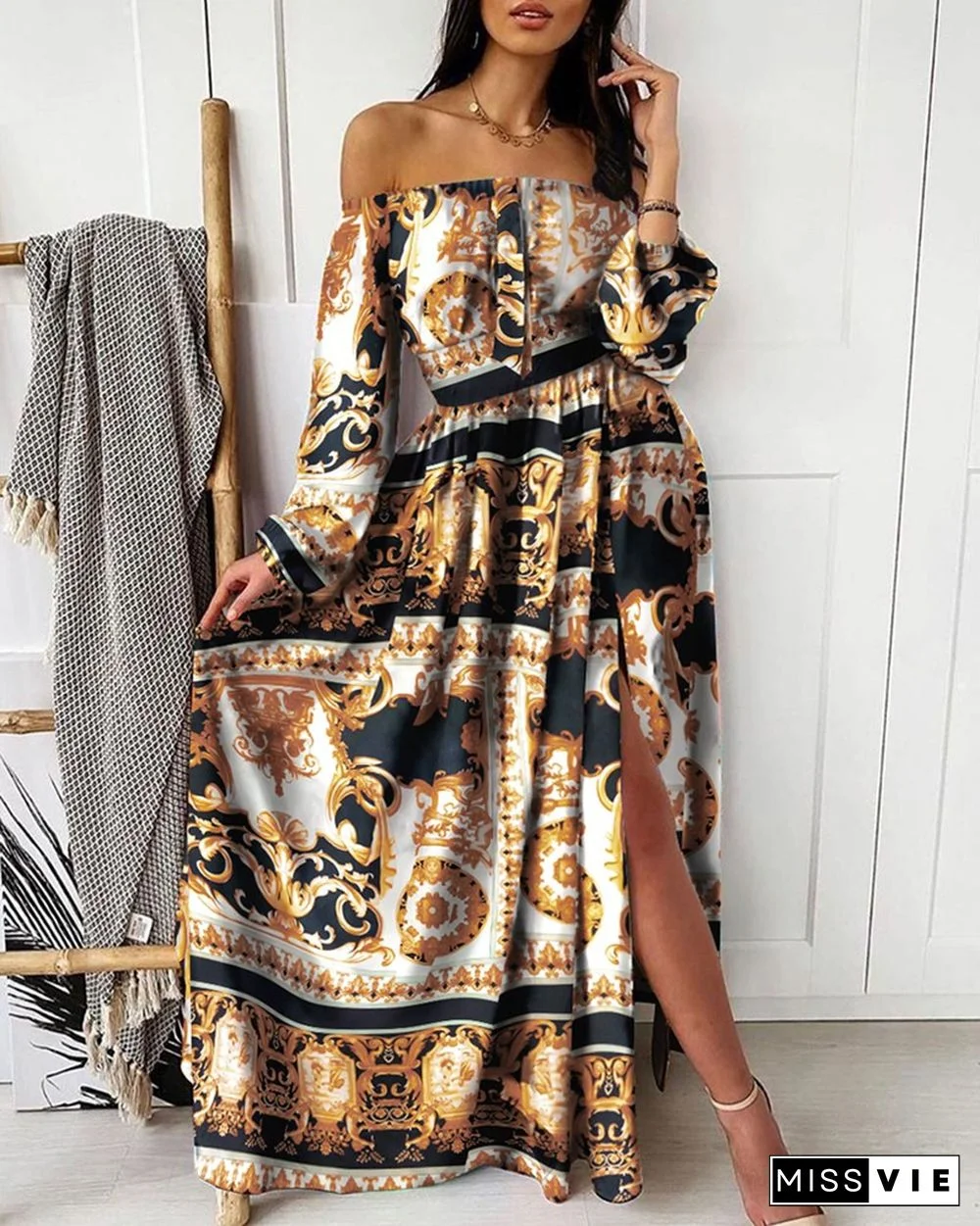V-neck Pullover Vintage Large Swing Split Print Dress