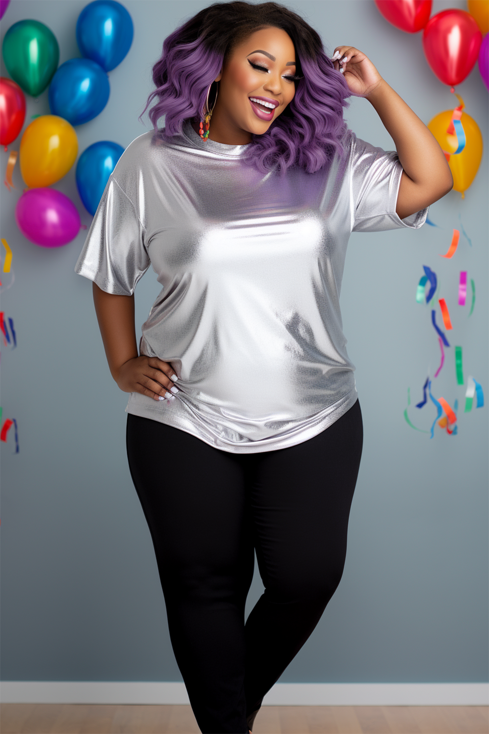 Design Plus Size Party Casual Silver Spring Summer Round Neck Short Sleeve Metallic T-Shirts [Pre-Order]