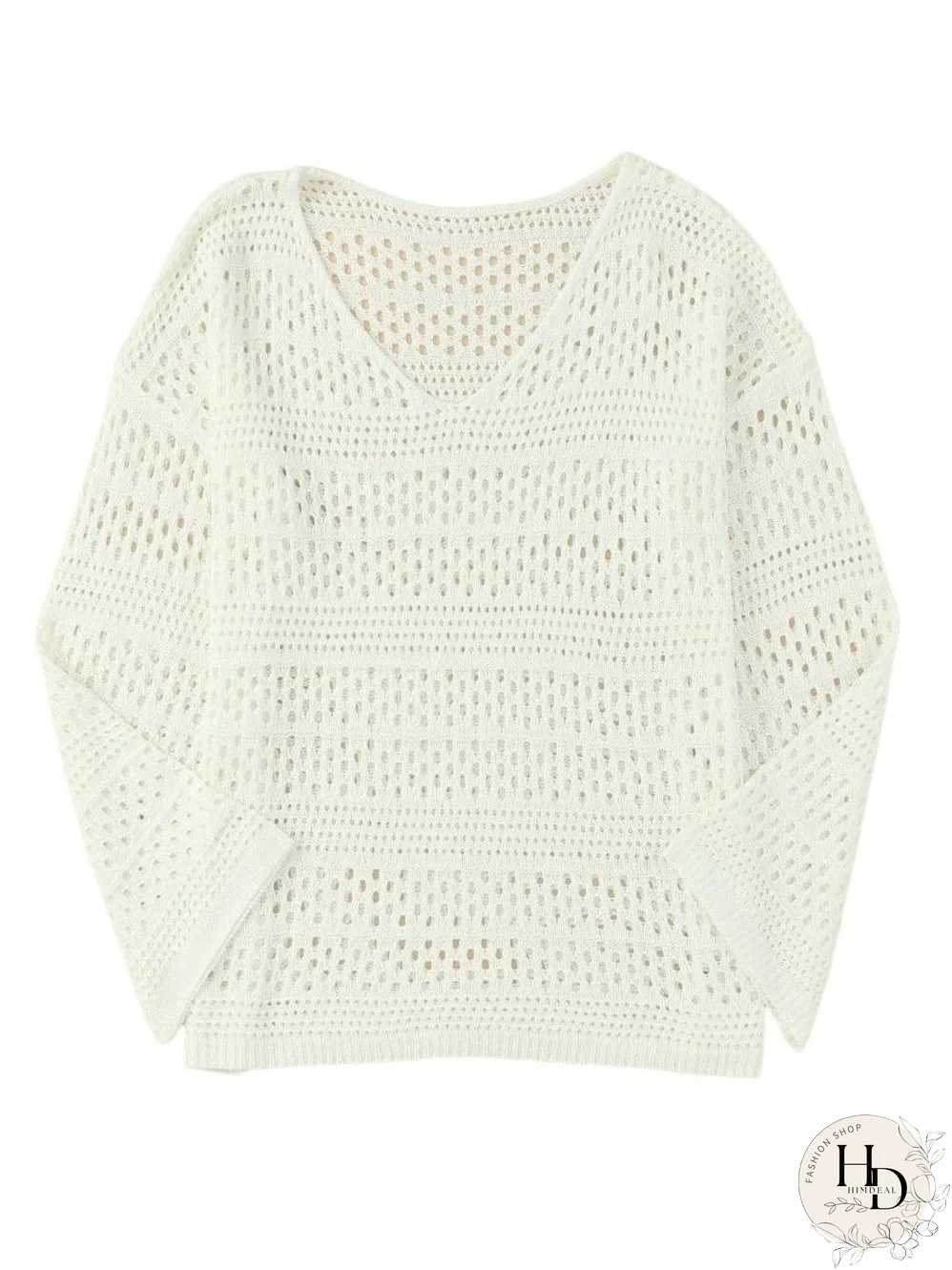 White Crochet V Neck Pullover Sweater with Hollow Out Detail